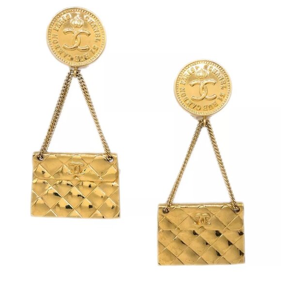 Chanel Gold Bag Dangle Earrings Clip-On - Picture 1 of 4